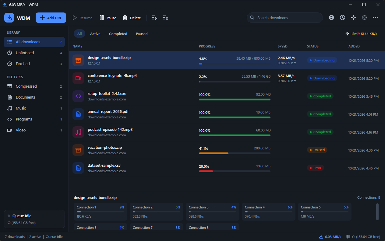 WDM main window, dark theme