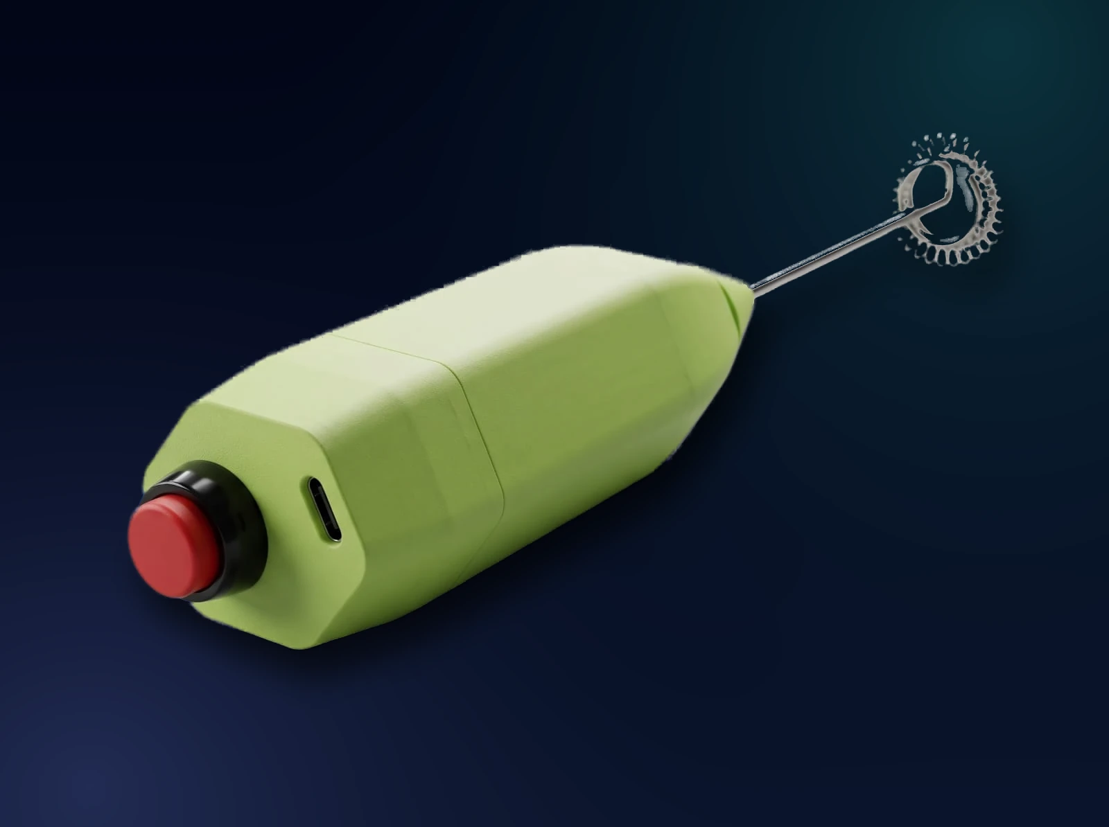 Studio render of the Coffee Beater: a green faceted housing with a red push button and USB-C port at one end and a coil whisk on a steel shaft at the other