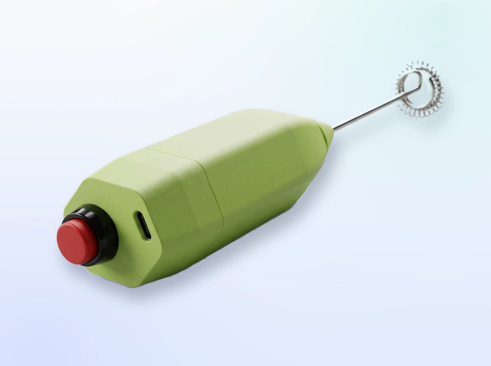 Studio render of the Coffee Beater: a green faceted housing with a red push button and USB-C port at one end and a coil whisk on a steel shaft at the other