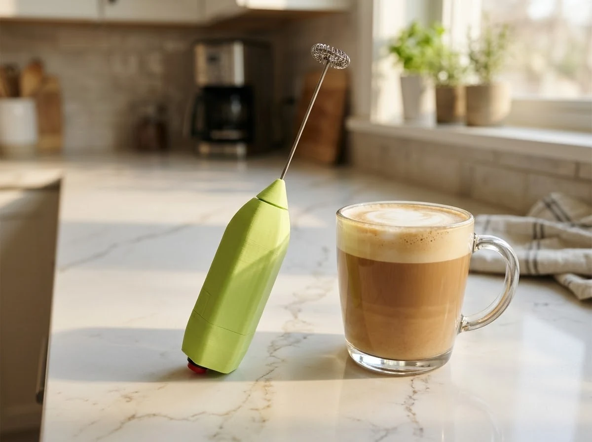 Green Coffee Beater standing on a marble worktop next to a latte, whisk upwards