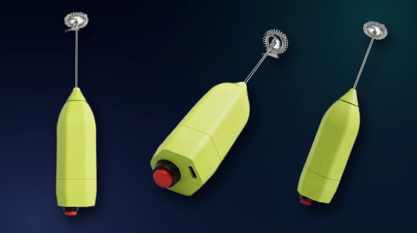 Three studio renders of the beater: front, three-quarter view of the button end, and side