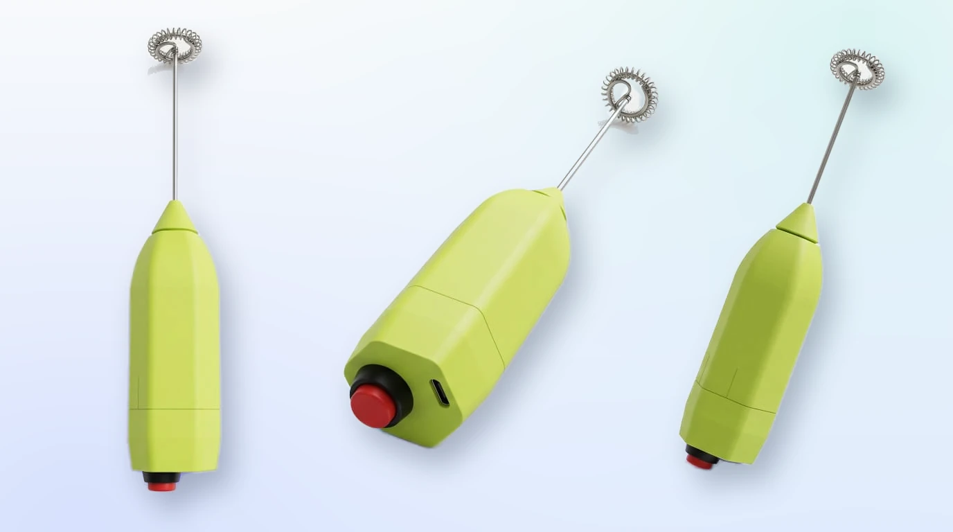 Three studio renders of the beater: front, three-quarter view of the button end, and side